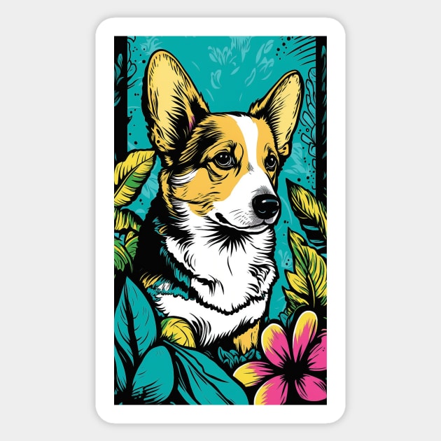 Corgi Dog Vibrant Tropical Flower Tall Retro Vintage Digital Pop Art Portrait 3 Sticker by ArtHouseFlunky